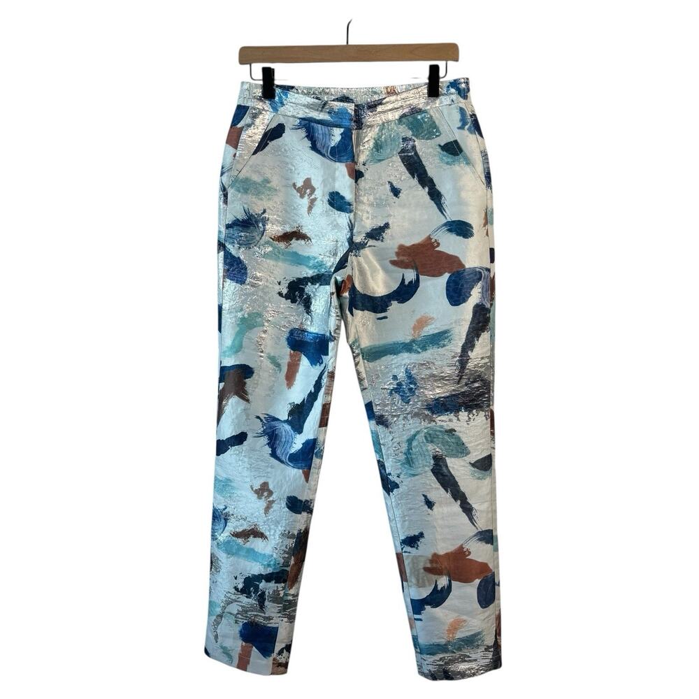 Berek‎ Womens Pants Small Blue Metallic Artistic Brush Wide Leg Trousers Boho